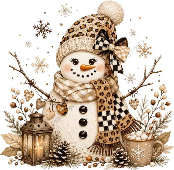 Cheerful snowman wearing leopard print beanie and checkered scarf, ready to press dtf transfer with winter decorations.