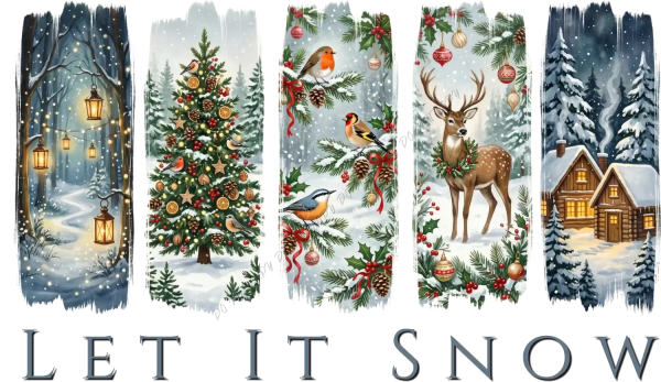 Five vertical winter-themed panels with snowy scenes, Christmas trees, robins, deer, and cabins - ready to press dtf transfer