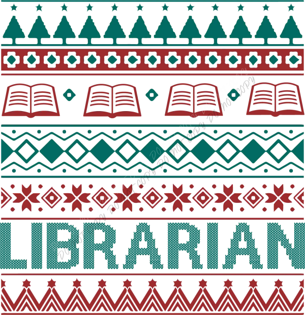 Festive holiday-themed design with books, trees, and geometric patterns in teal and red stripes, ready to press dtf transfer.