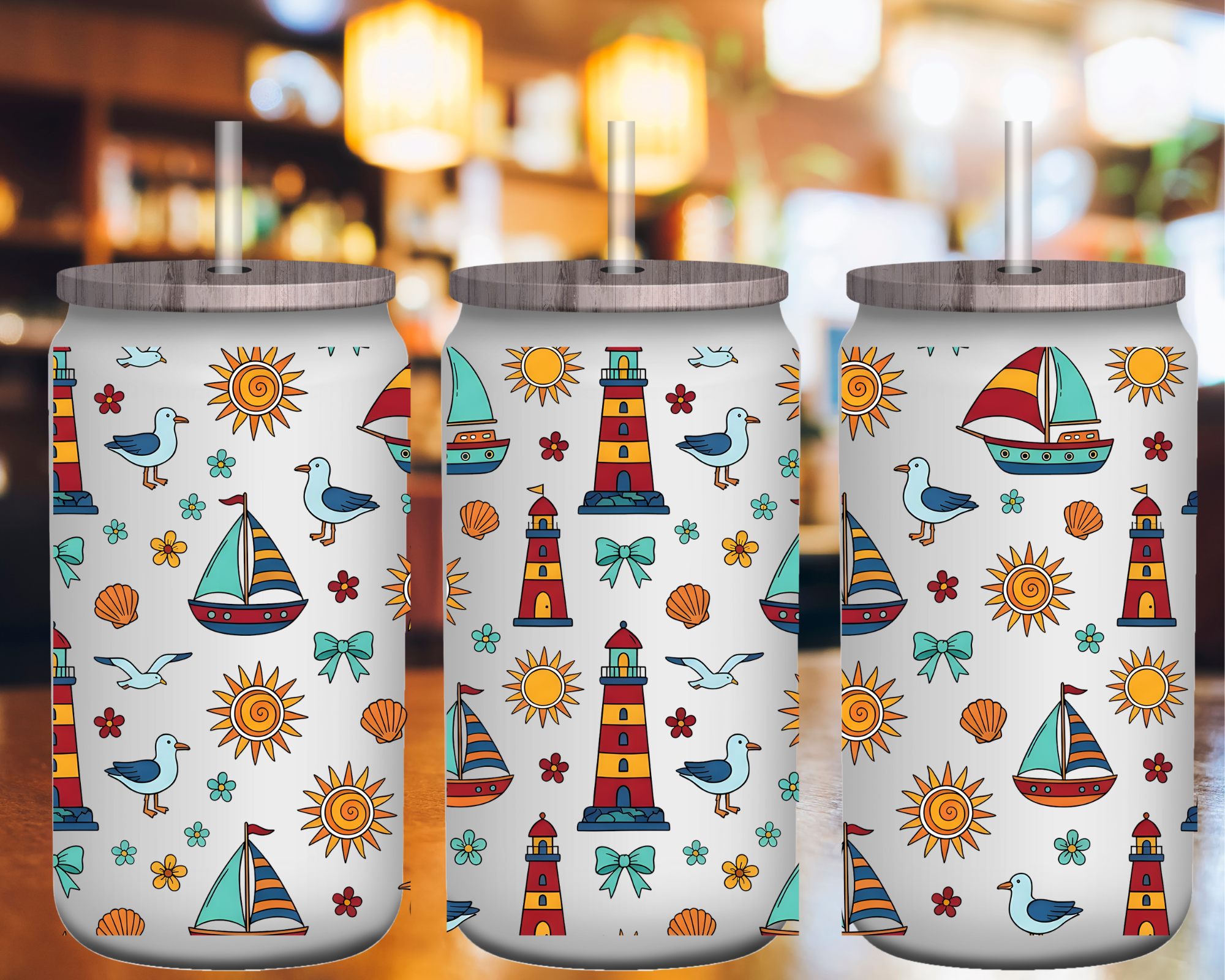 Coastal Lighthouse 16 oz Glass Can Cup Wrap UV Transfer