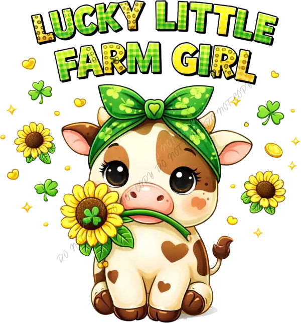 Cute brown and white cow with green bow holding sunflower, surrounded by clovers and hearts, ready to press dtf transfer