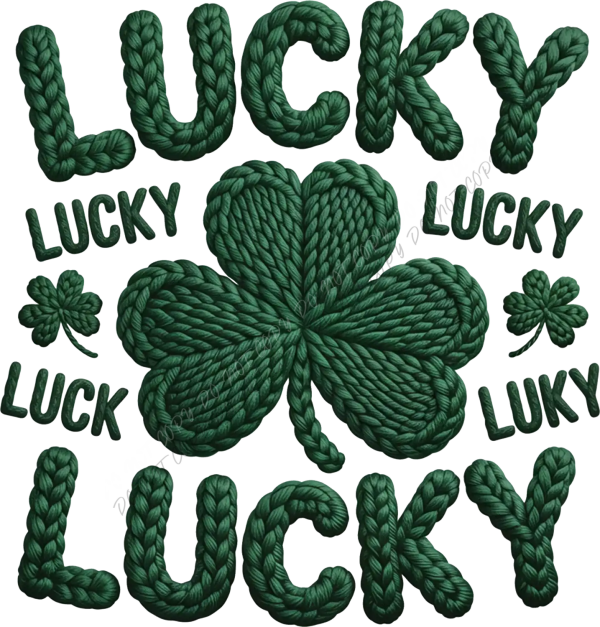 Green rope-textured Lucky design with central four-leaf clover, ready to press dtf transfer for St. Patrick's Day