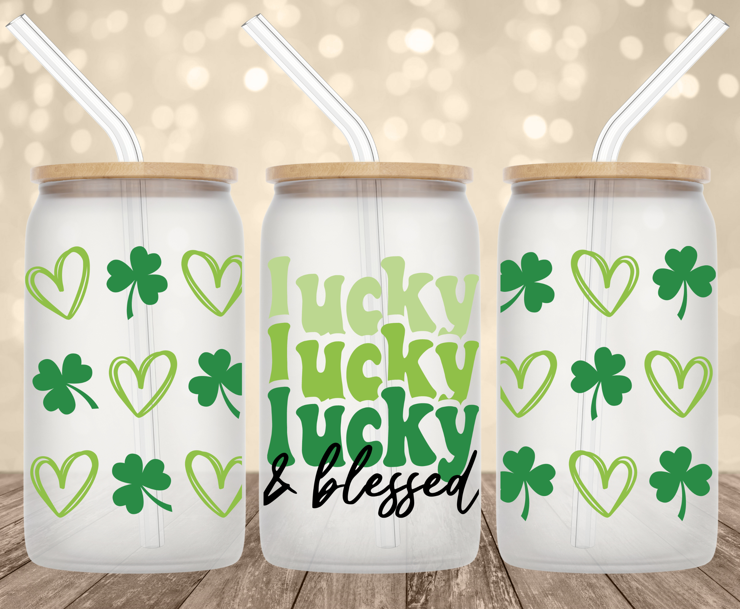 Lucky & Blessed Stacked UV Transfer for 16 oz Glass Can