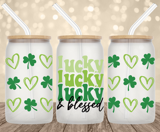 Lucky & Blessed Stacked 16 oz Glass Can
