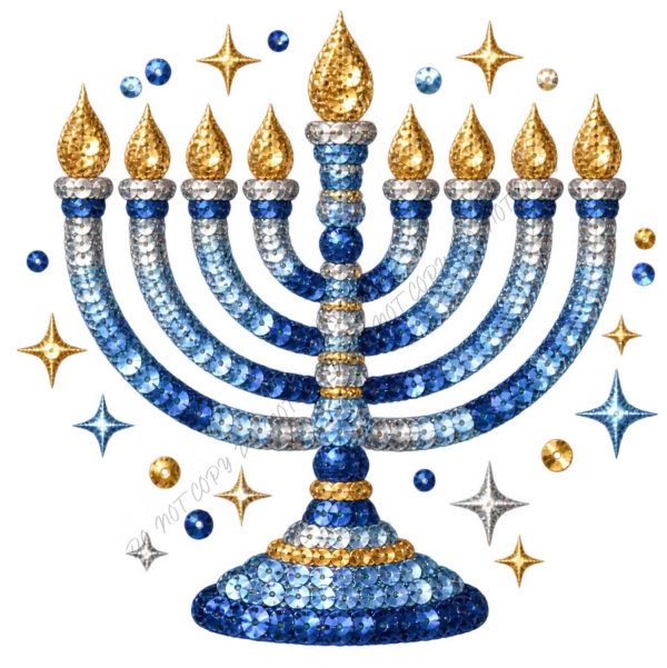 Ornate menorah with gold sequin flames and blue gradient sequin arms, surrounded by star accents, ready to press dtf transfer