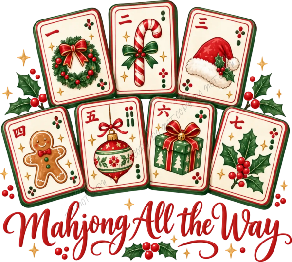 Seven colorful mahjong tiles with Christmas designs ready to press dtf transfer, featuring wreaths and candy canes
