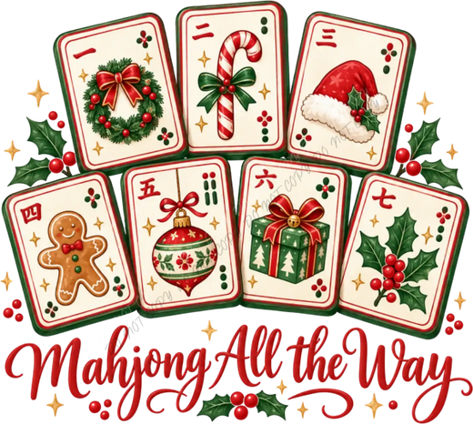 Seven colorful mahjong tiles with Christmas designs ready to press dtf transfer, featuring wreaths and candy canes