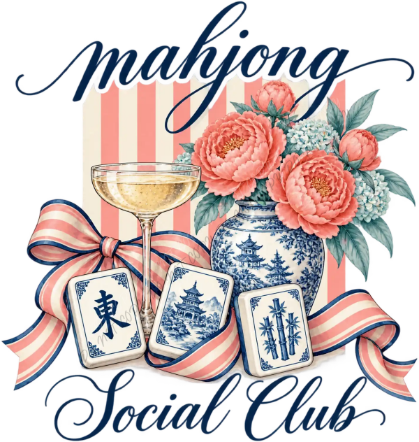 Mahjong Social Club design with coral peonies, champagne glass, and mahjong tiles ready to press dtf transfer