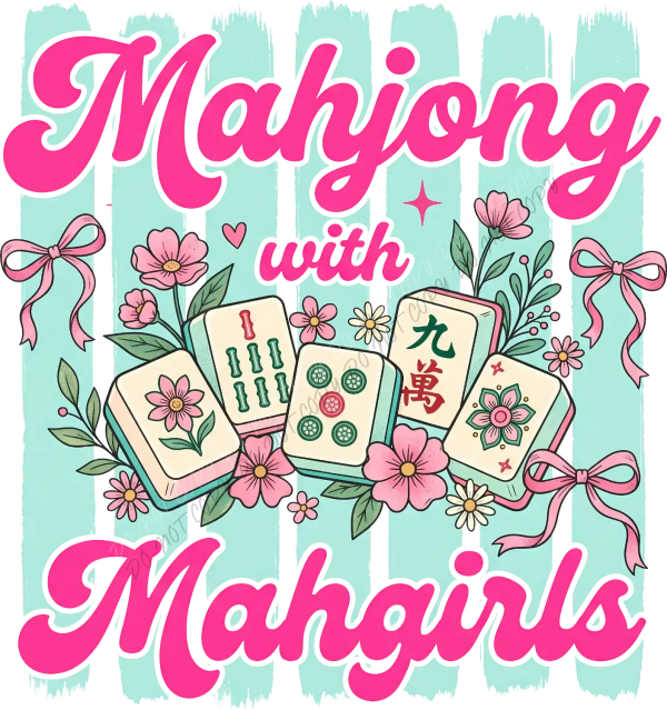 Mahjong tile design with pink flowers and bows on turquoise background, ready to press dtf transfer
