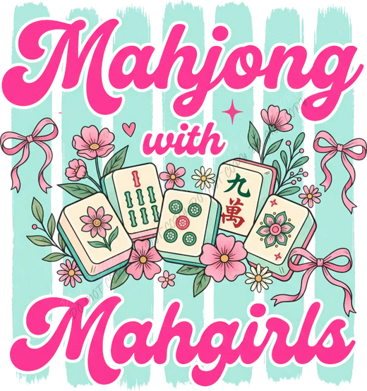 Mahjong tile design with pink flowers and bows on turquoise background, ready to press dtf transfer