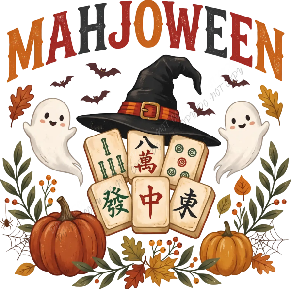 Mahjowen Halloween witch tiles design with mahjong pieces, friendly ghosts, pumpkins, and fall leaves ready to press dtf transfer