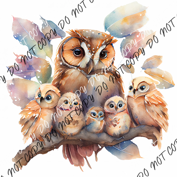 Mama Owl And 5 Babies Watercolor Dtf Transfer