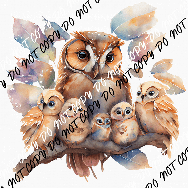 Mama Owl and 5 Babies Watercolor DTF Transfer - We Print U Press DTF Transfers