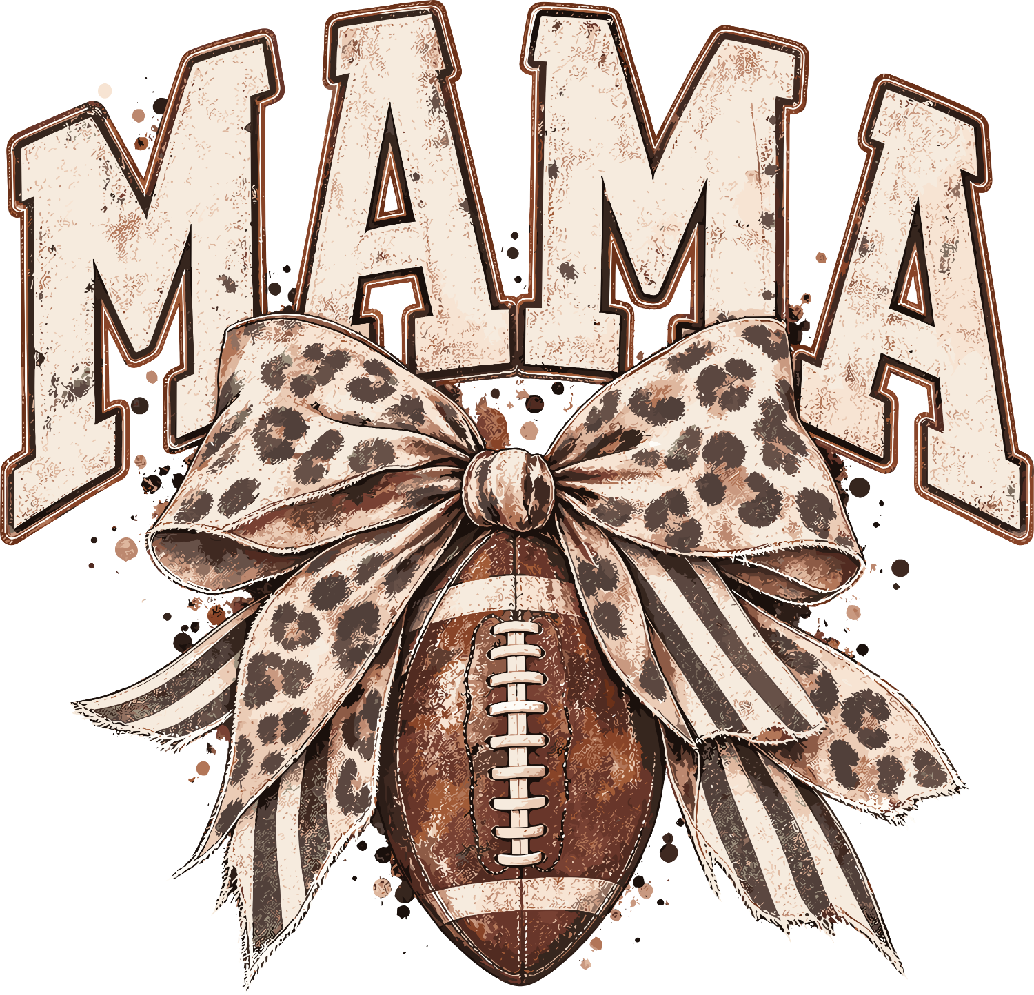Distressed vintage MAMA text with leopard and striped bow tied around a football, ready to press dtf transfer