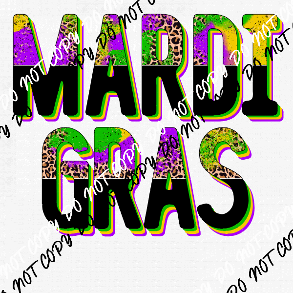 Mardi Gras Leopard and Black Text DTF Transfer - We Print U Press DTF Transfers