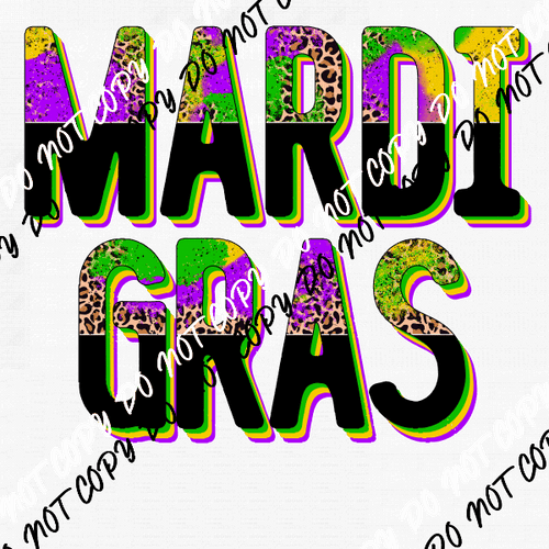 Mardi Gras Leopard and Black Text DTF Transfer - We Print U Press DTF Transfers