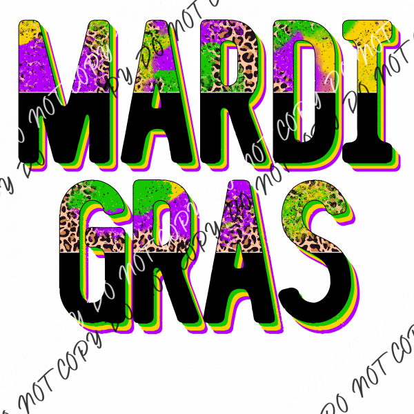 Mardi Gras Leopard And Black Text Dtf Transfer