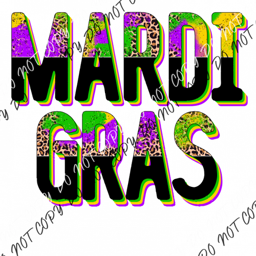 Mardi Gras Leopard And Black Text Dtf Transfer