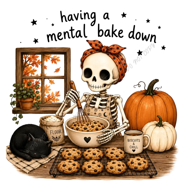 Skeleton with orange bandana baking cookies surrounded by pumpkins, ready to press dtf transfer
