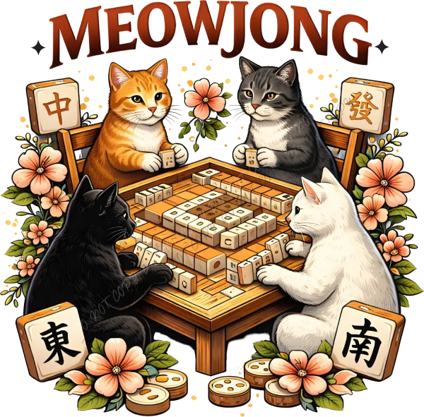 Four colorful cats playing mahjong around wooden table with flowers, ready to press dtf transfer