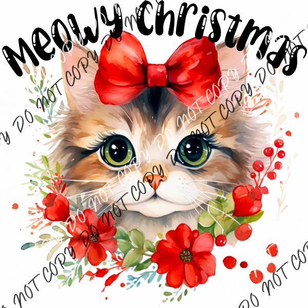 Meowy Christmas Cat With Bow Dtf Transfer Transfers