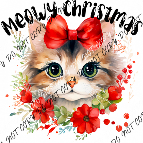 Meowy Christmas Cat With Bow Dtf Transfer Transfers