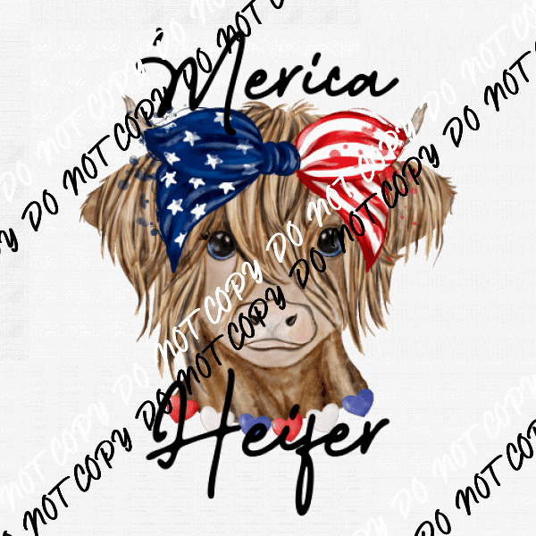 Merica Heifer Highland Cow Patriotic DTF Transfer - We Print U Press DTF Transfers