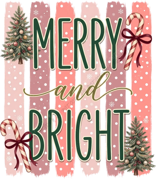 Merry and Bright Christmas design with candy canes, trees, and snowflakes on striped background ready to press dtf transfer