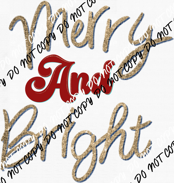 Merry and Bright Gold and Red Faux Glitter Text DTF Transfer - We Print U Press DTF Transfers