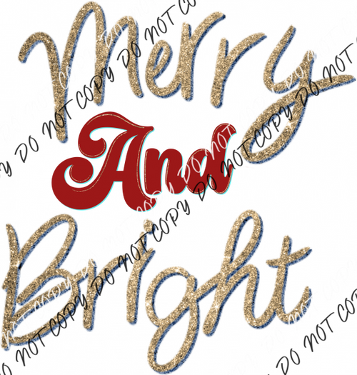 Merry And Bright Gold Red Glitter Text Dtf Transfer Rtp Transfers