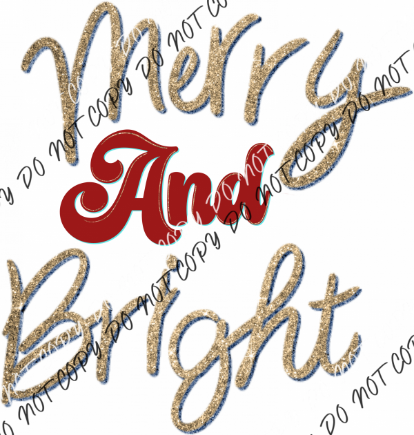 Merry And Bright Gold Red Glitter Text Dtf Transfer Rtp Transfers