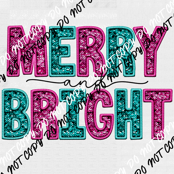 Merry and Bright Pink and Teal faux sequin and embroidery DTF Transfer - We Print U Press DTF Transfers