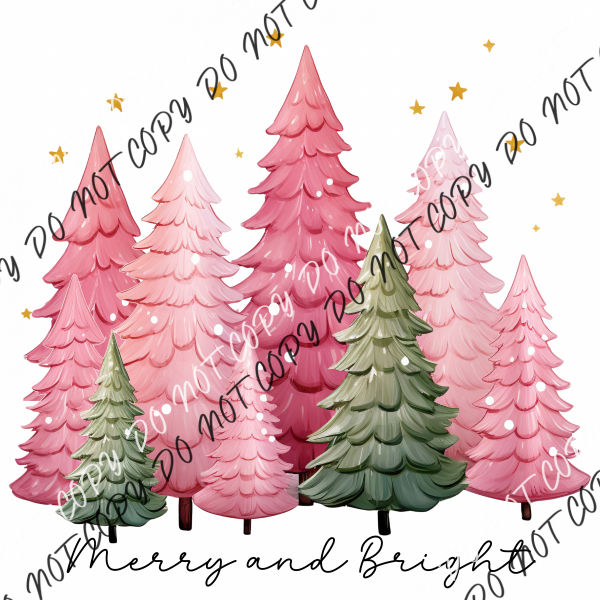 Merry And Bright Pink Green Trees Dtf Transfer Rtp Transfers