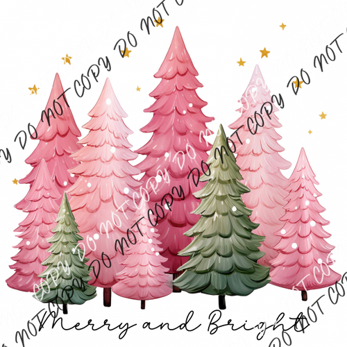 Merry And Bright Pink Green Trees Dtf Transfer Rtp Transfers