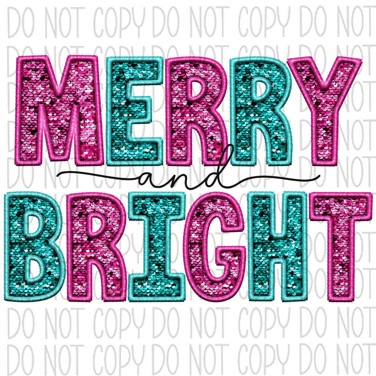 Merry And Bright Pink Teal Faux Sequin Embroidery Dtf Transfer Rtp Transfers