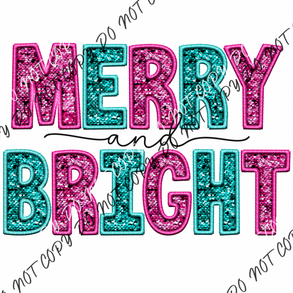 Merry And Bright Pink Teal Faux Sequin Embroidery Dtf Transfer Rtp Transfers