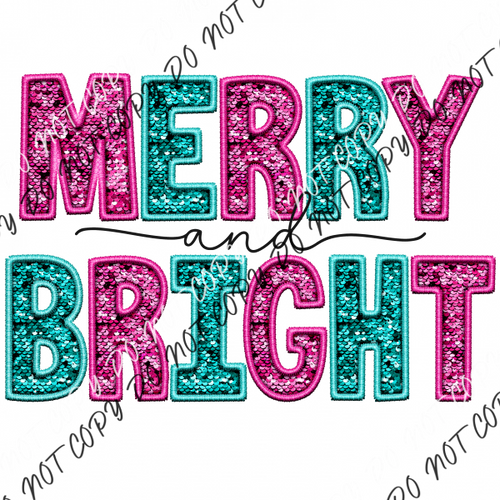 Merry And Bright Pink Teal Faux Sequin Embroidery Dtf Transfer Rtp Transfers