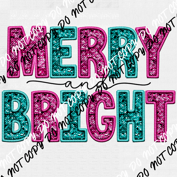 Merry and Bright Pink and Teal faux sequin and embroidery DTF Transfer - We Print U Press DTF Transfers