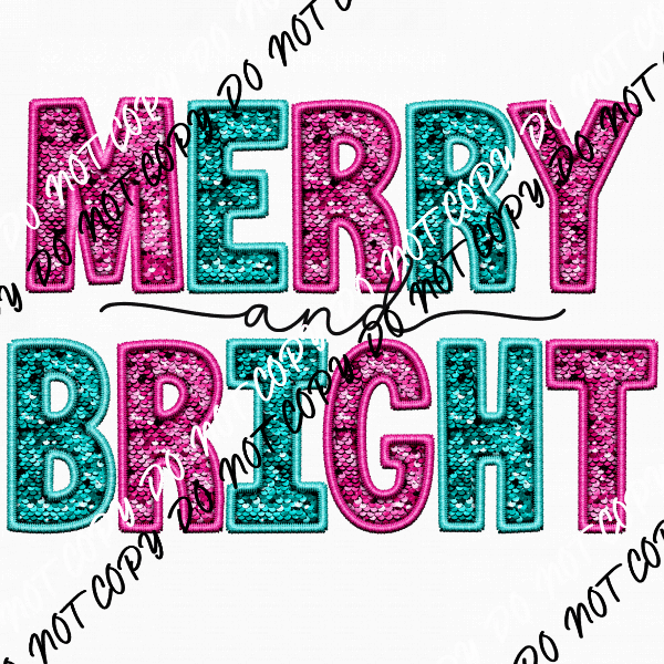 Merry and Bright Pink and Teal faux sequin and embroidery DTF Transfer - We Print U Press DTF Transfers