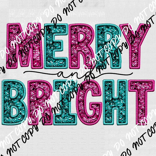 Merry and Bright Pink and Teal faux sequin and embroidery DTF Transfer - We Print U Press DTF Transfers