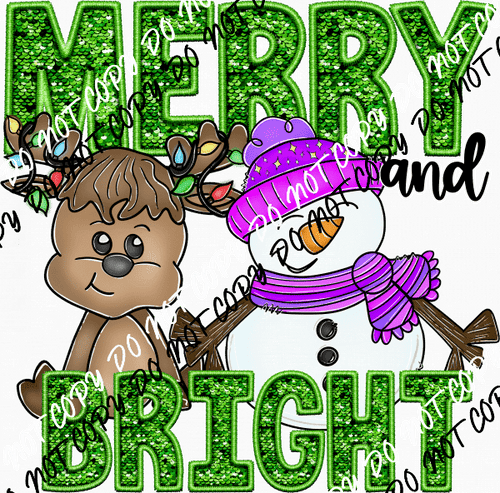 Merry and Bright Reindeer and Snowman Faux Sequin DTF Transfer - We Print U Press DTF Transfers