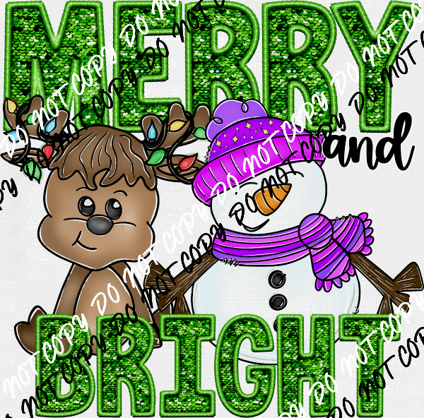 Merry and Bright Reindeer and Snowman Faux Sequin DTF Transfer - We Print U Press DTF Transfers