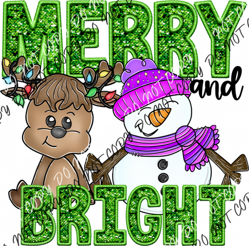 Merry And Bright Reindeer Snowman Faux Sequin Dtf Transfer Rtp Transfers