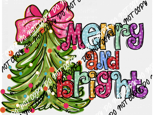 Merry and Bright Tree with Pink Bow DTF Transfer - We Print U Press DTF Transfers