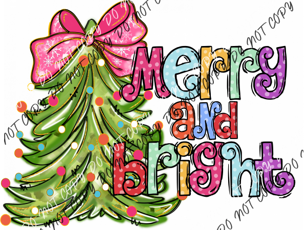 Merry And Bright Tree With Pink Bow Dtf Transfer Rtp Transfers