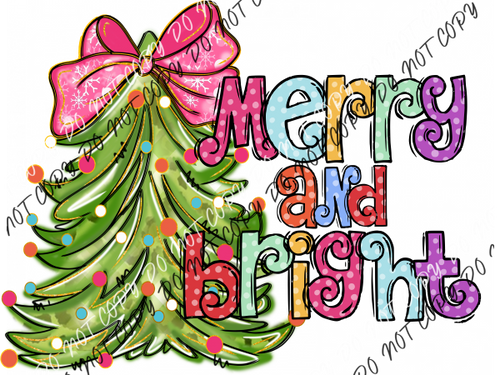 Merry And Bright Tree With Pink Bow Dtf Transfer Rtp Transfers