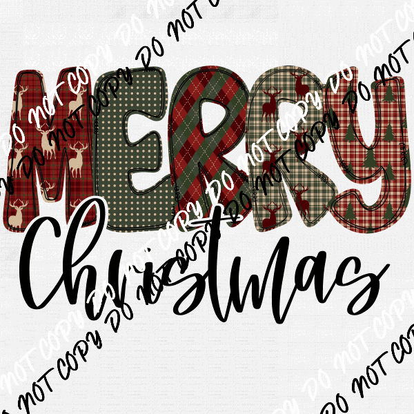 Merry Christmas Deer Plaid Text with Black DTF Transfer - We Print U Press DTF Transfers