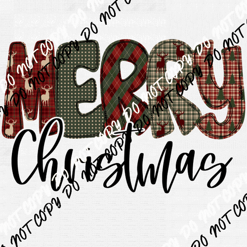 Merry Christmas Deer Plaid Text with Black DTF Transfer - We Print U Press DTF Transfers