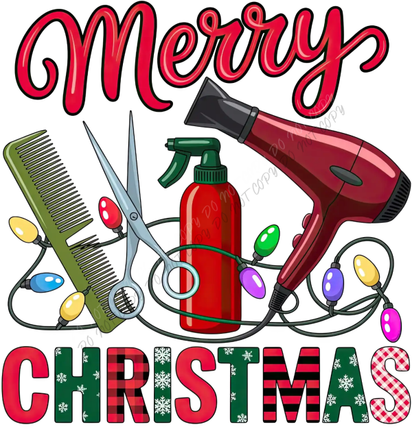 Merry Christmas text with hair salon tools including comb, scissors, spray bottle, and hair dryer on ready to press dtf transfer