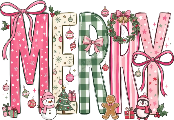 Colorful Merry Christmas design with snowman, gingerbread, penguin, wreaths, and ornaments in pink, green, and cream — ready to press dtf transfer